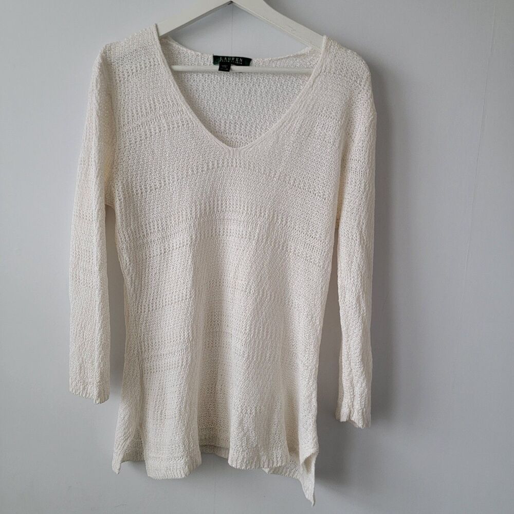 Lauren Ralph Lauren women's 100% linen open-stitch knit sweater size L v-neck